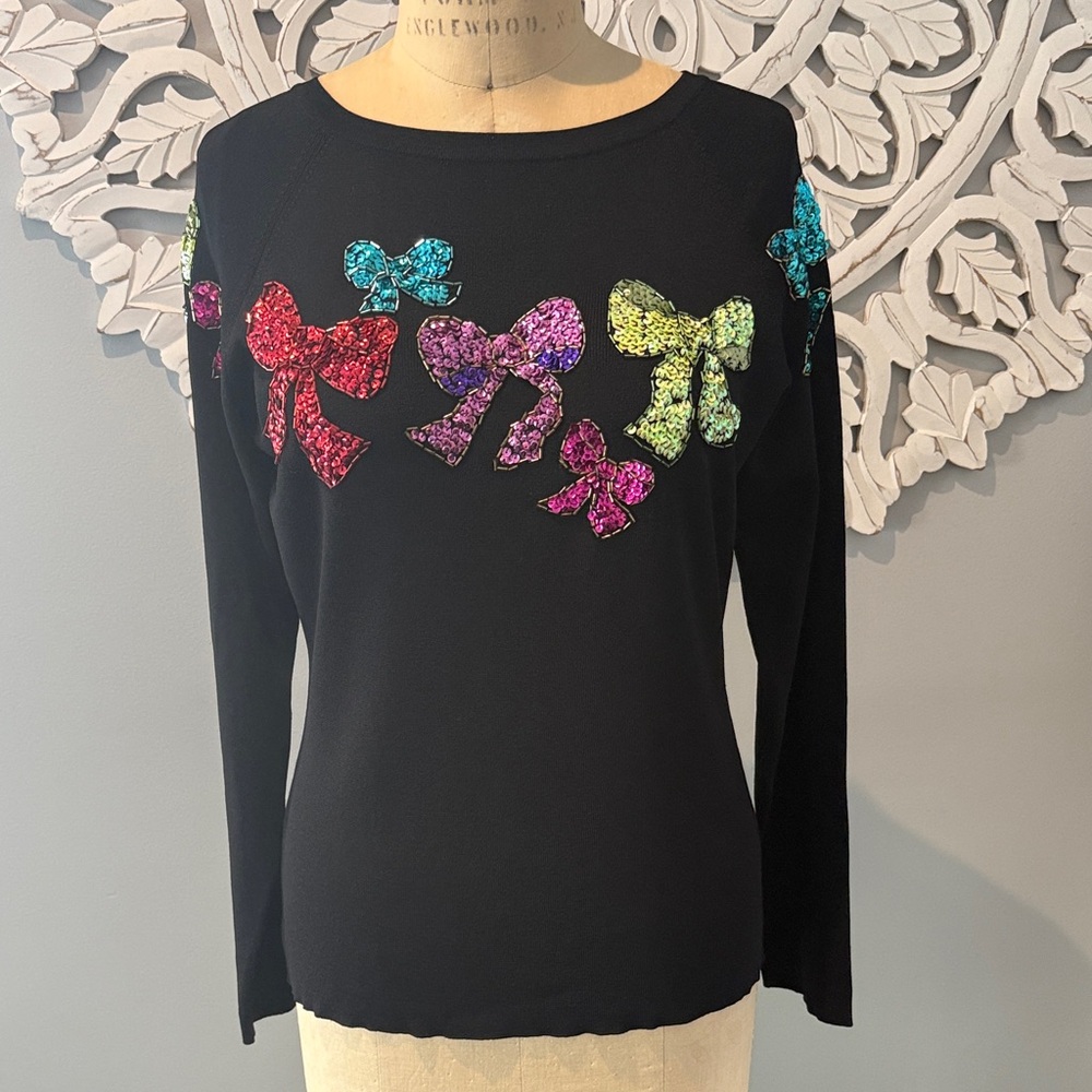 Vintage Belle Pointe Christmas Embellished sequins bow fitted top XL